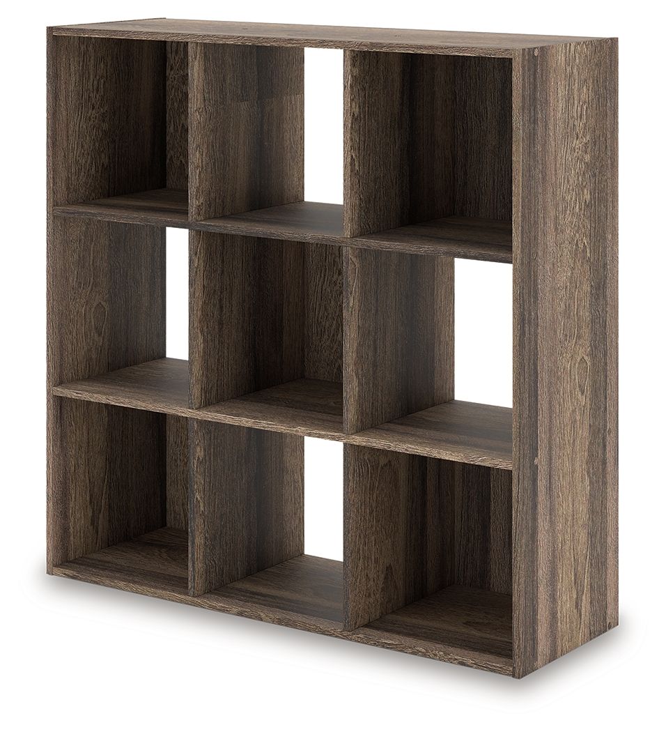 Dark brown cube organizer with open square cubbies, angled view