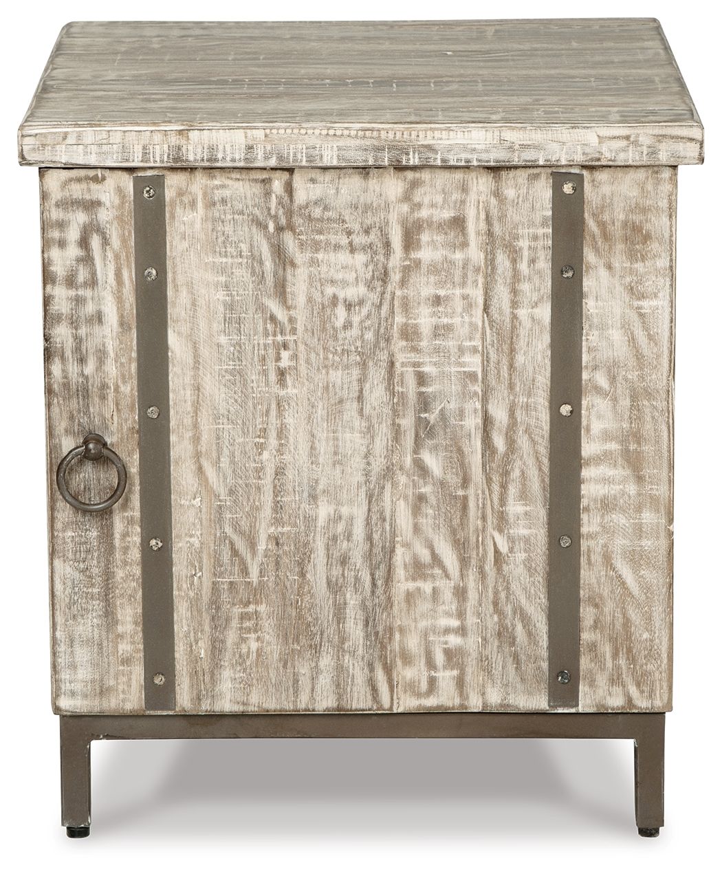 Whitewashed accent cabinet with two front doors, ring handle, and dark metal hinges