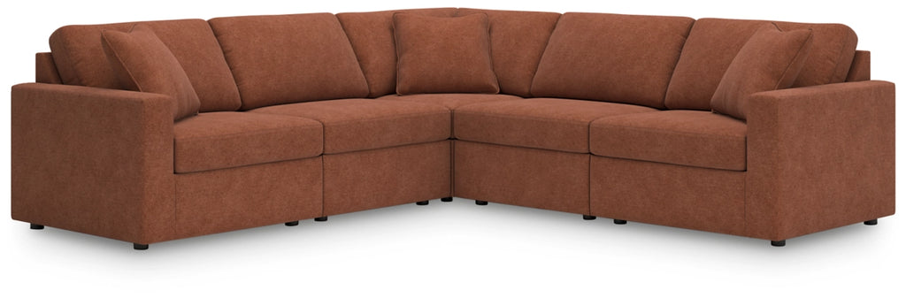Spice brown U-shaped sectional sofa with wide arms and padded seat cushions