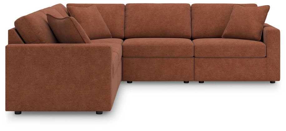 Spice brown 5-piece sectional sofa with L-shaped chaise and tufted cushions
