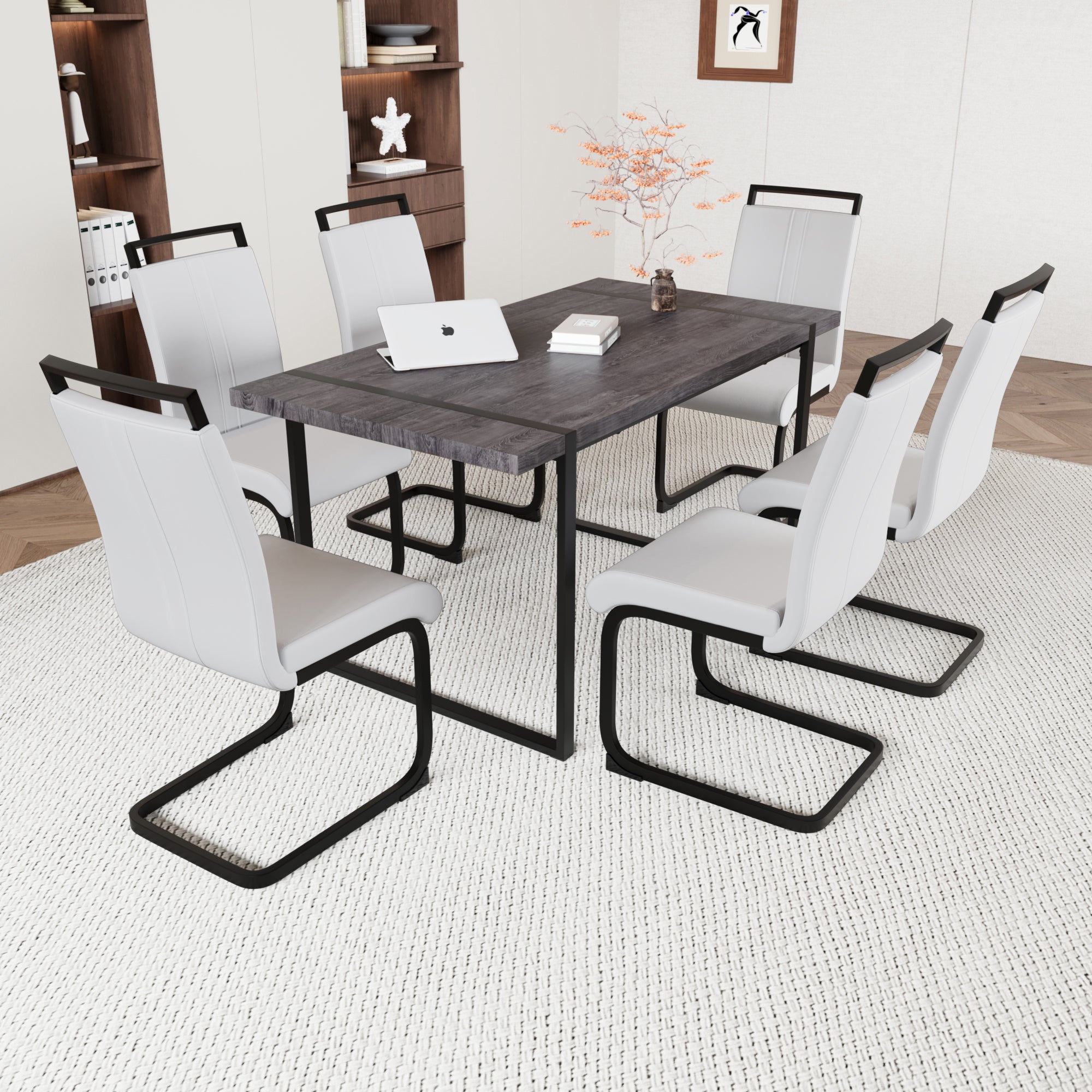 59" Black Dining Table Set for 6, Industrial Kitchen Table