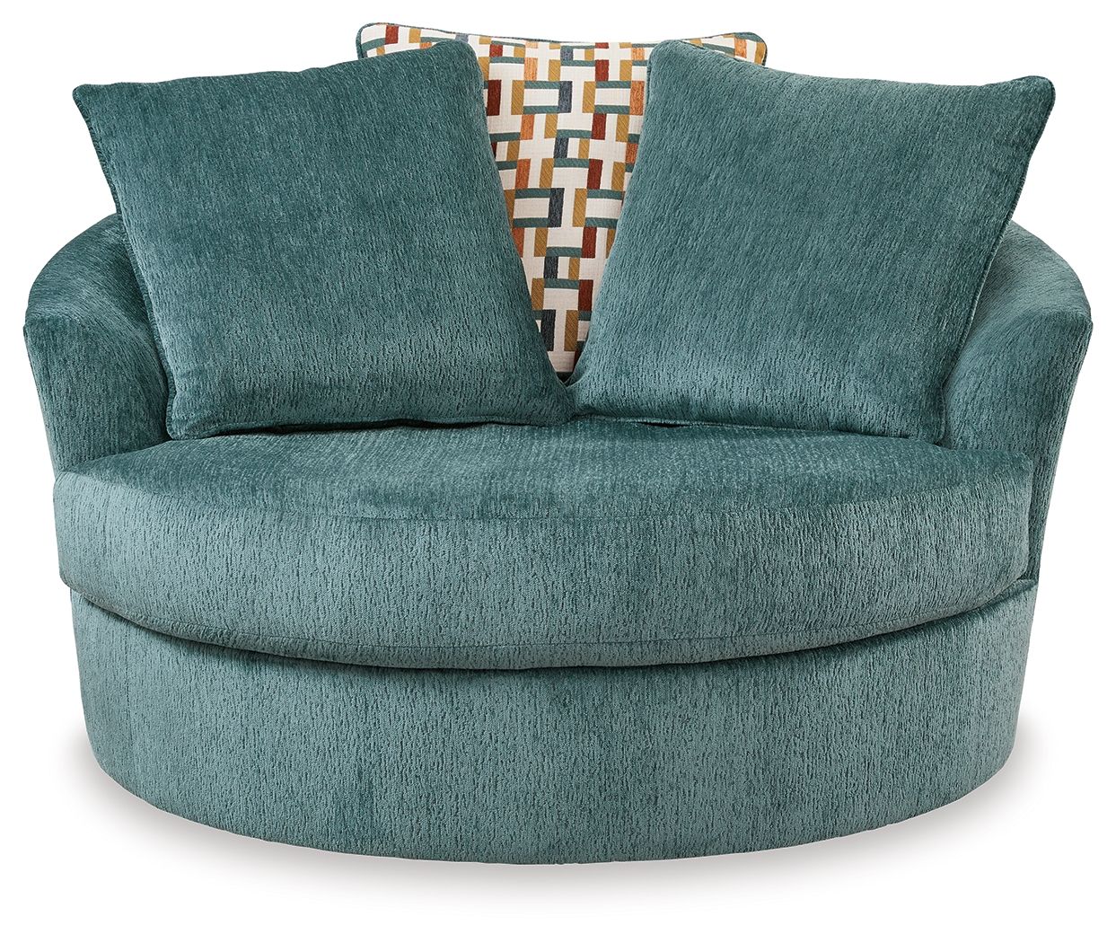 Teal fabric swivel accent chair with rounded arms and two back cushions