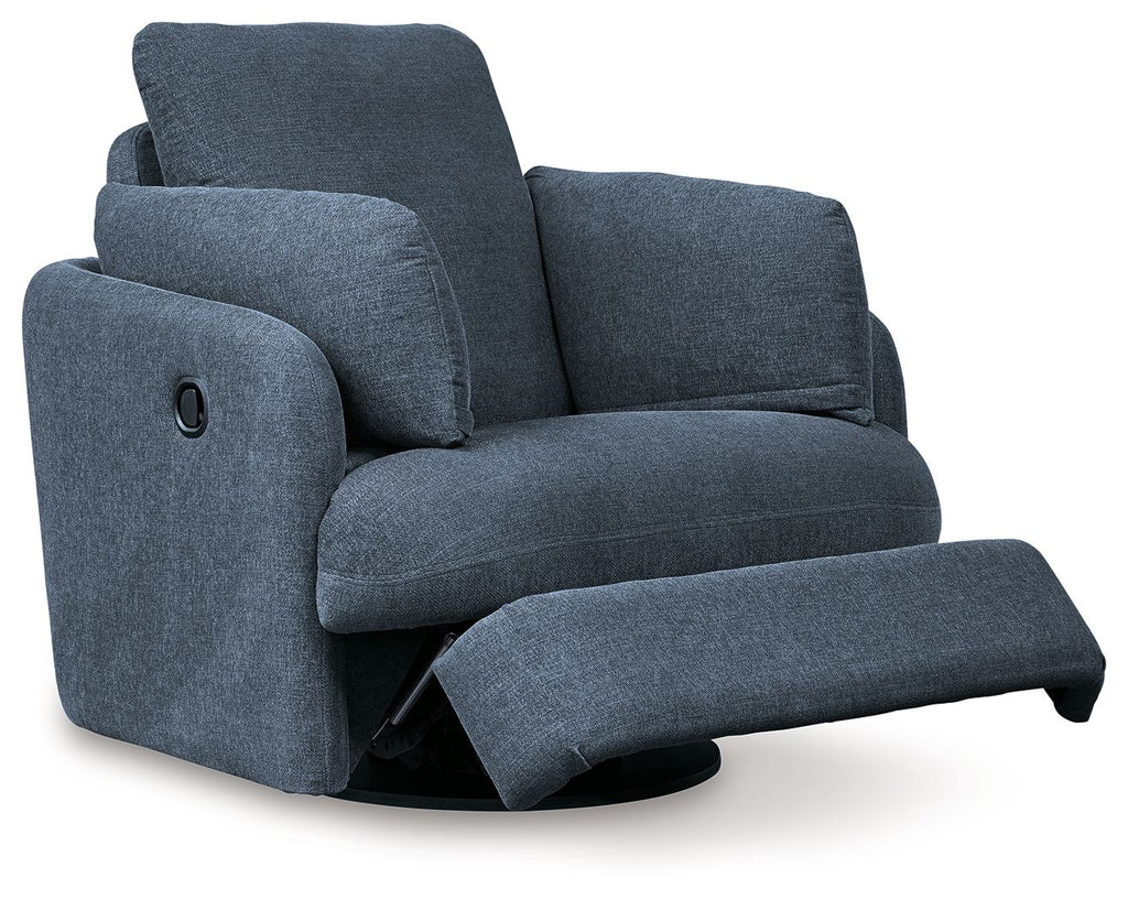 Ink blue fabric swivel glider recliner with extended ottoman footrest