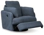 Ink blue fabric swivel glider recliner with extended ottoman footrest