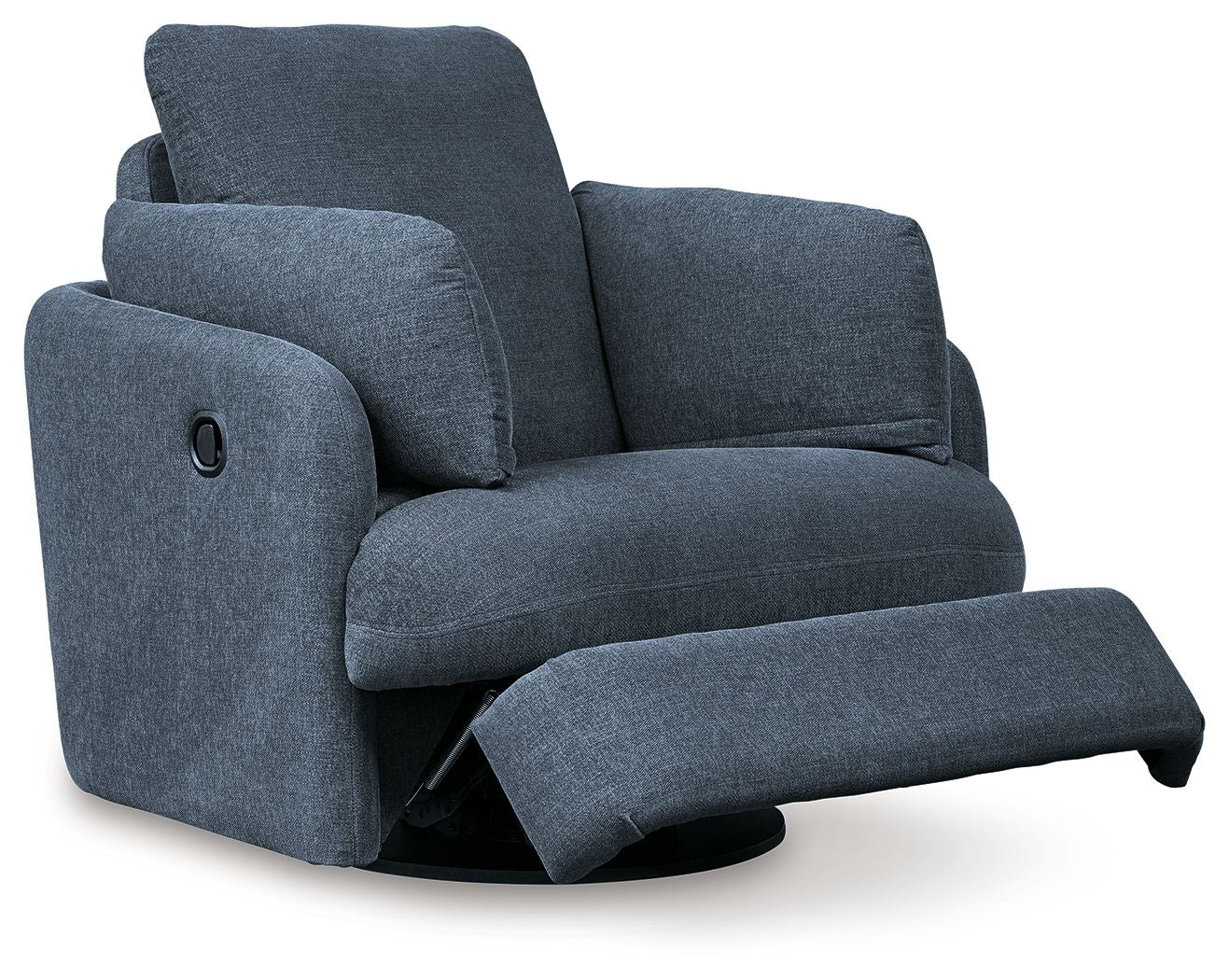 Ink blue fabric swivel glider recliner with extended ottoman footrest
