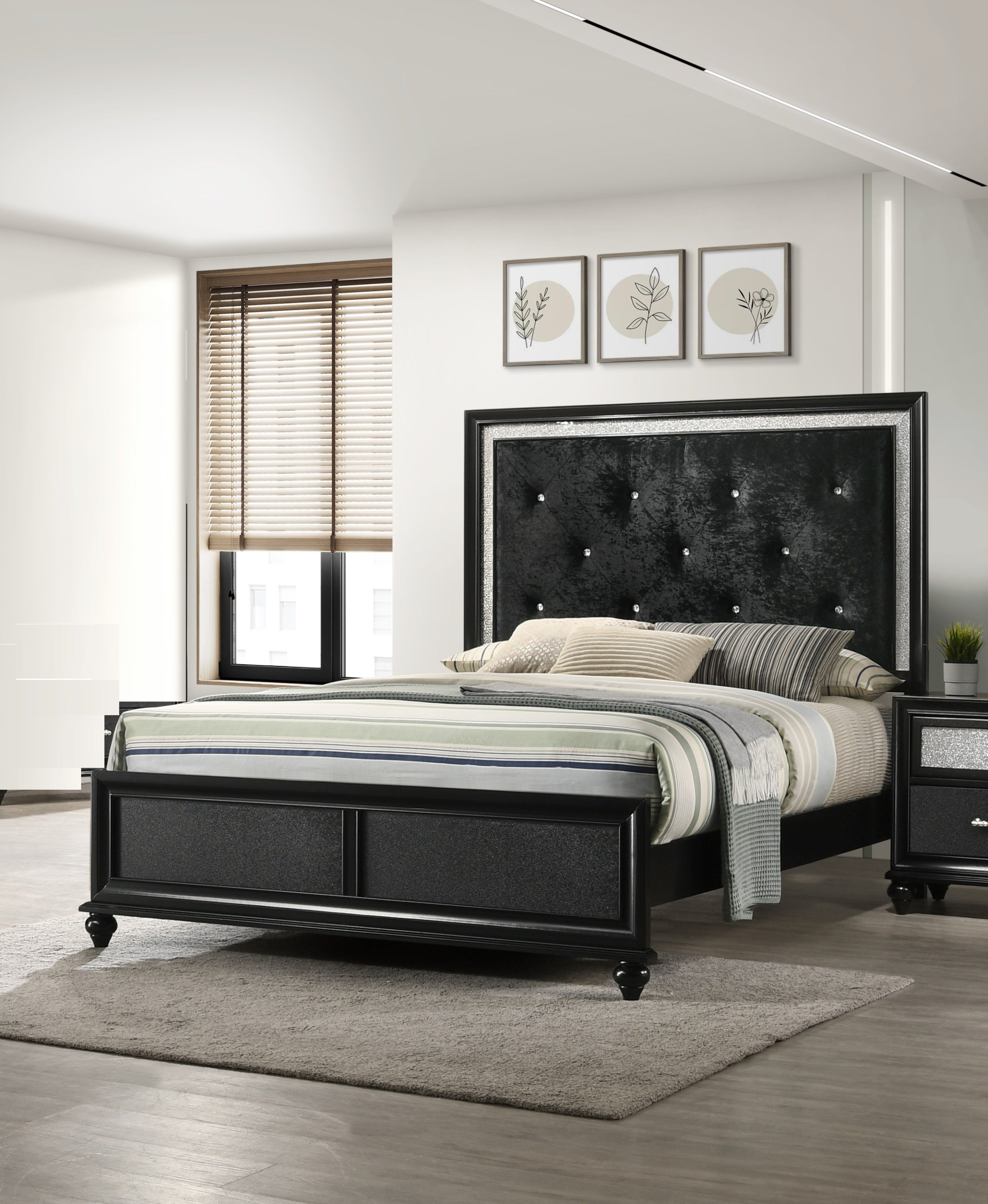 Modern Glam Black Queen Panel Bed: Crystal Tufted Upholstered