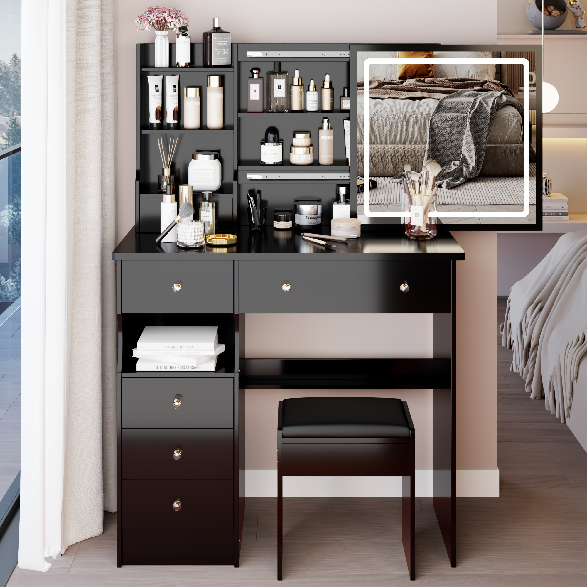 37" Desktop Vanity Table LED Mirror, Stool & Storage Drawer