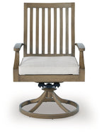 Swivel patio chair with light gray cushion, brown slatted back and round swivel base