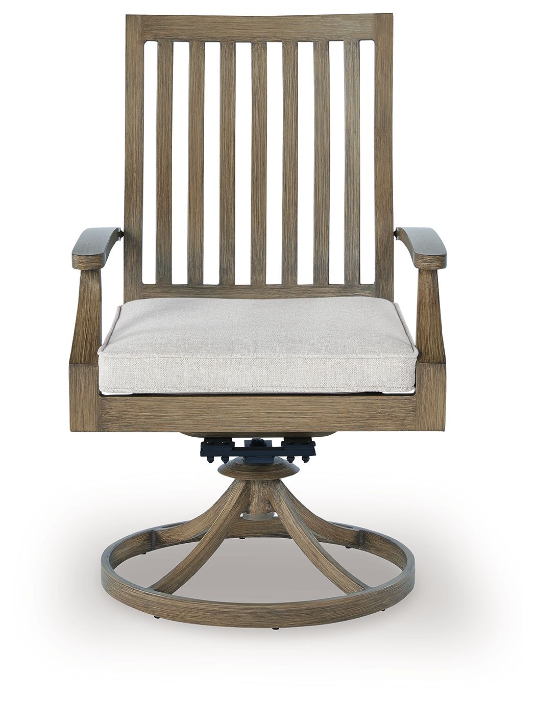Swivel patio chair with light gray cushion, brown slatted back and round swivel base