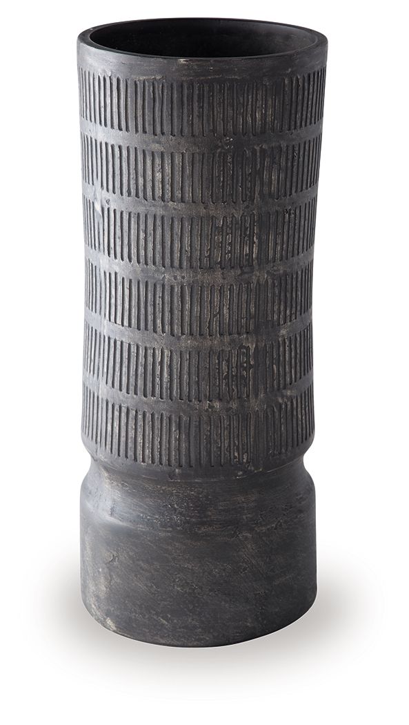 Beninworth vase, black ribbed cylinder with dark opening and wide foot.