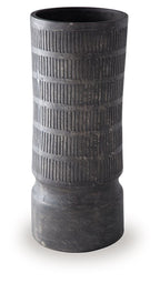 Beninworth vase, black ribbed cylinder with dark opening and wide foot.