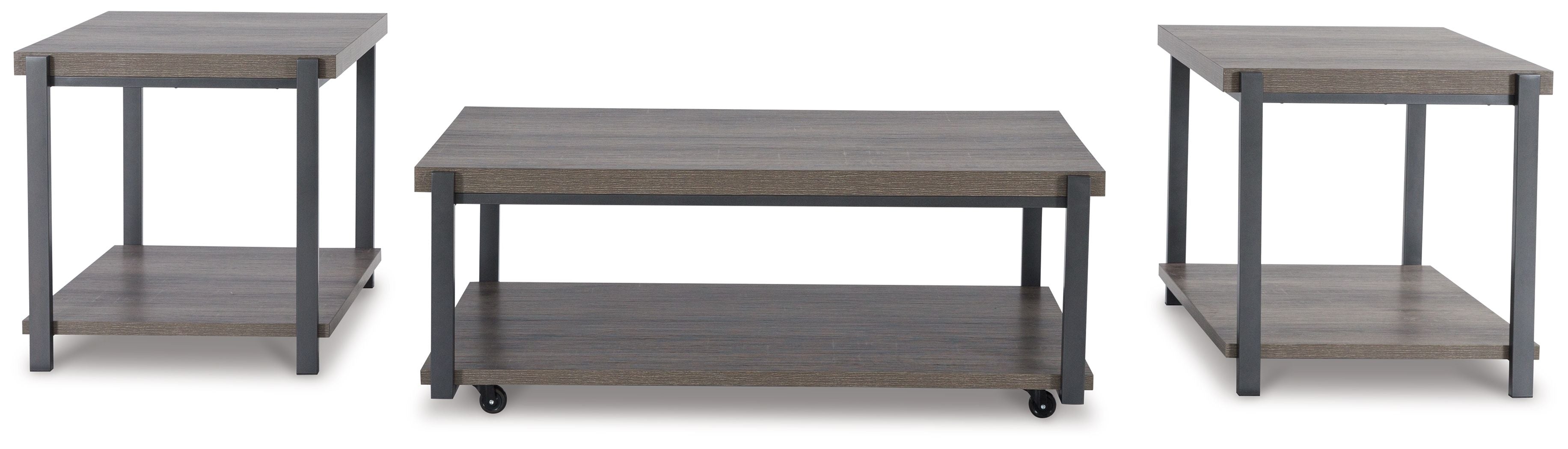 3-piece occasional table set with gray wood-look surfaces, open shelves, and caster feet