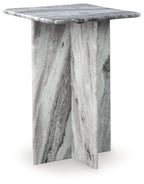 Square accent table with gray marble-look top and tapered pedestal base