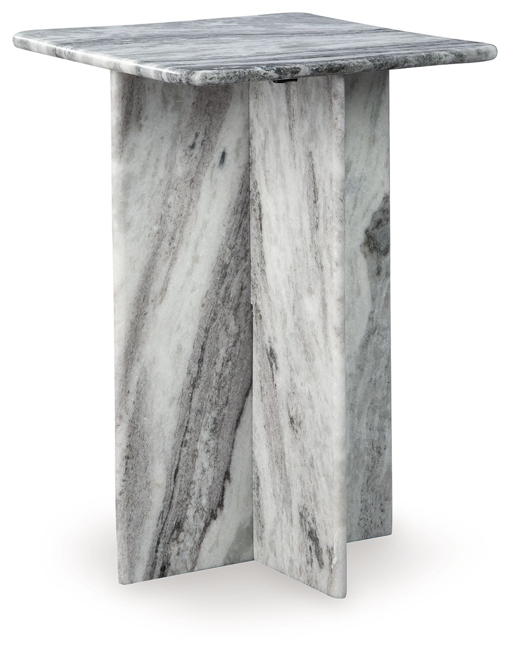 Square accent table with gray marble-look top and tapered pedestal base