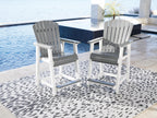 Outdoor set of 2 gray slat-back barstools with armrests and gray seats on white frames