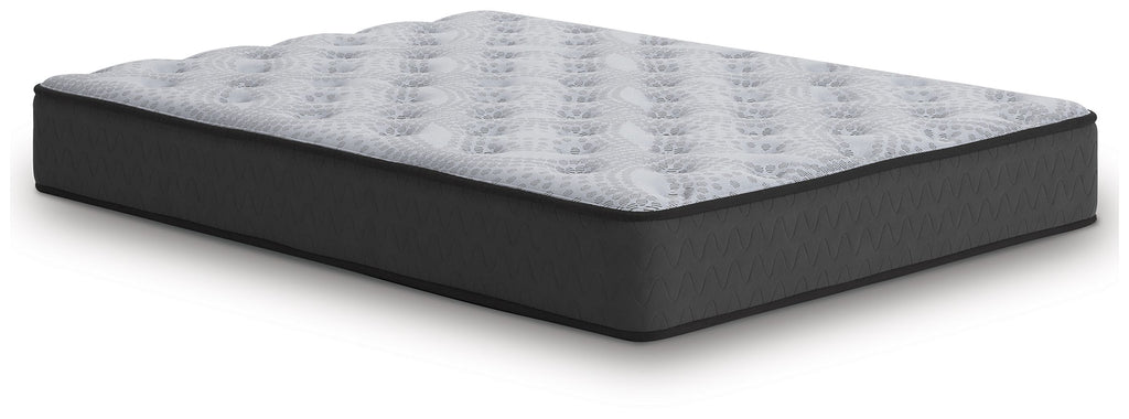 Gray mattress with quilted top and dark base, corner profile