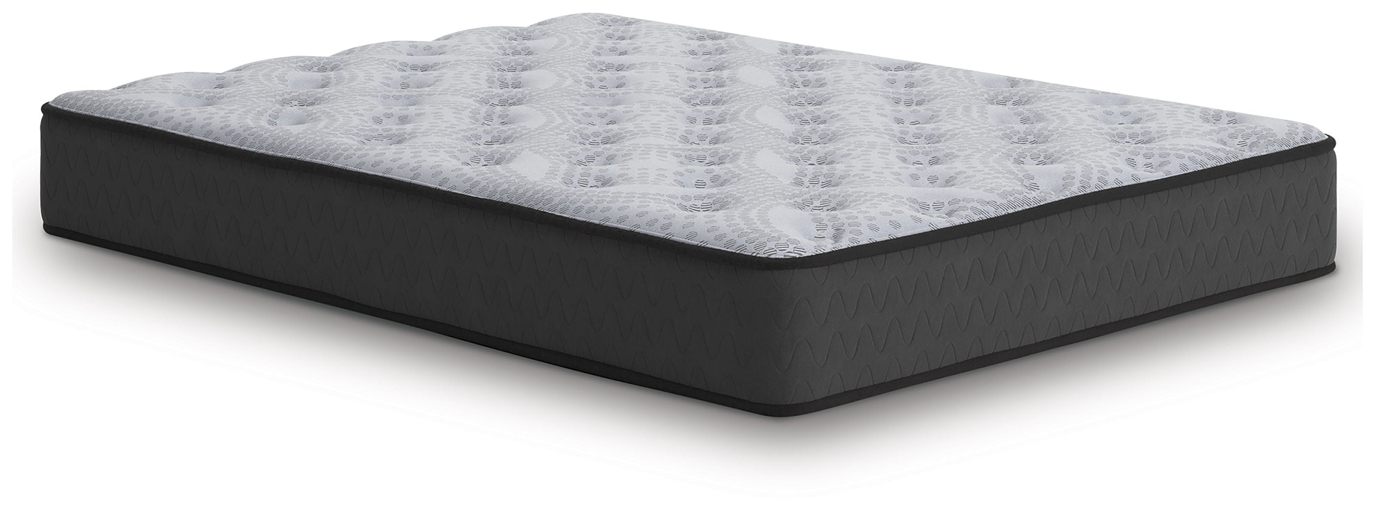 Gray mattress with quilted top and dark base, corner profile