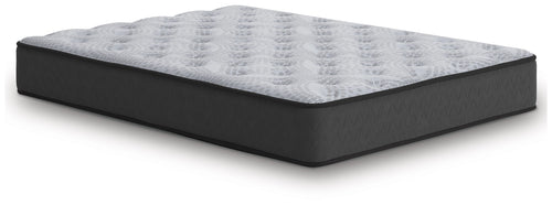 Gray mattress with quilted top and dark base, corner profile