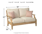 Beige loveseat with cushion and patterned pillows, 56W x 37H x 35D in