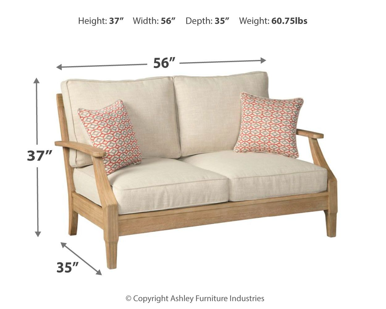 Beige loveseat with cushion and patterned pillows, 56W x 37H x 35D in