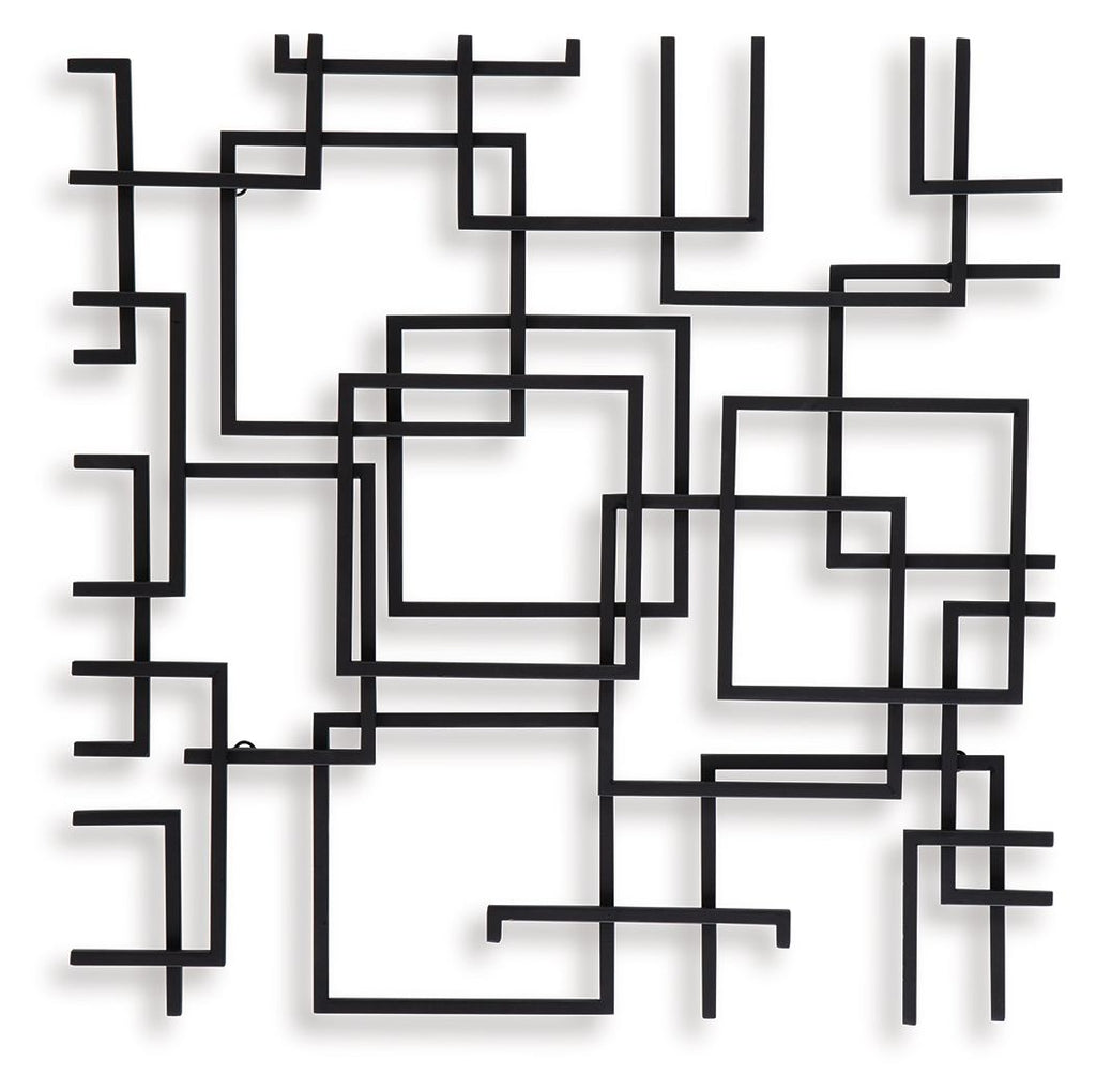 Black geometric wall decor with layered rectangles, squares, and short bar lines