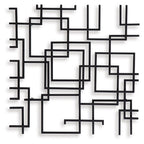 Black geometric wall decor with layered rectangles, squares, and short bar lines