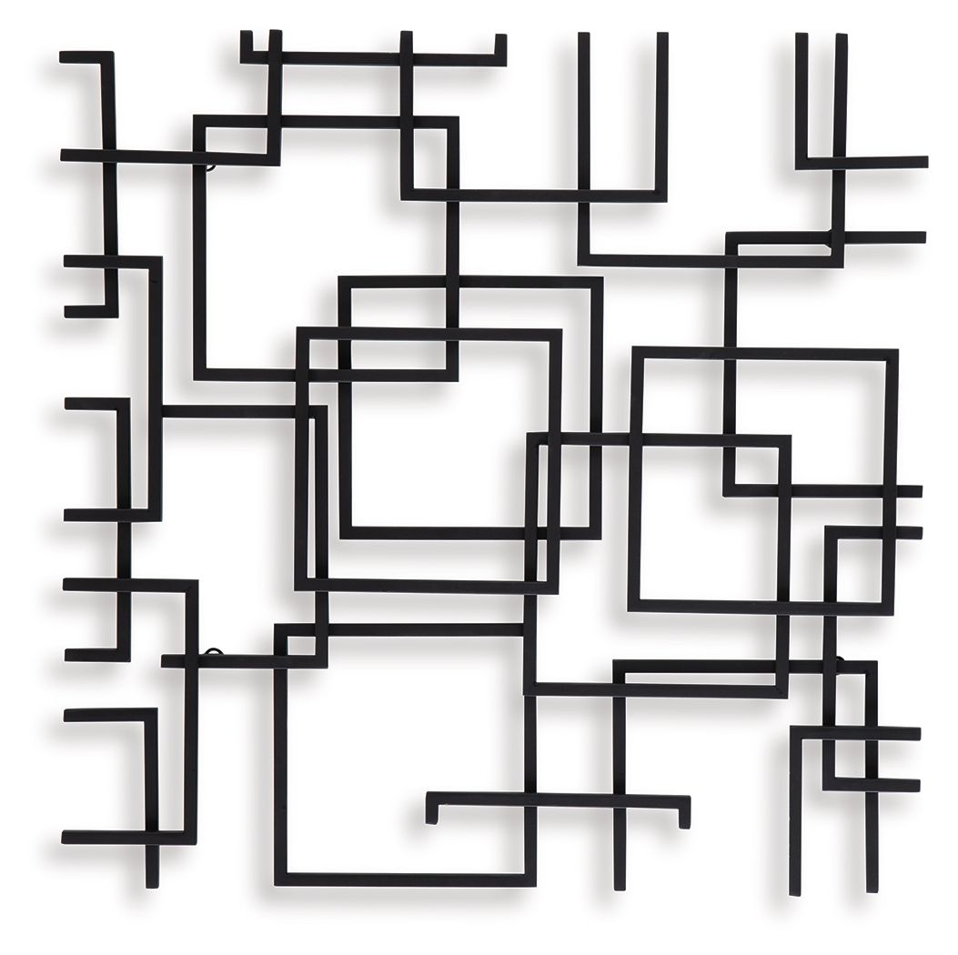 Black geometric wall decor with layered rectangles, squares, and short bar lines