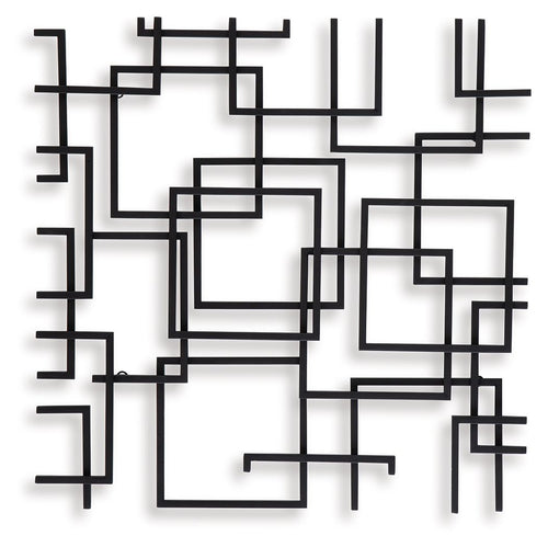 Black geometric wall decor with layered rectangles, squares, and short bar lines