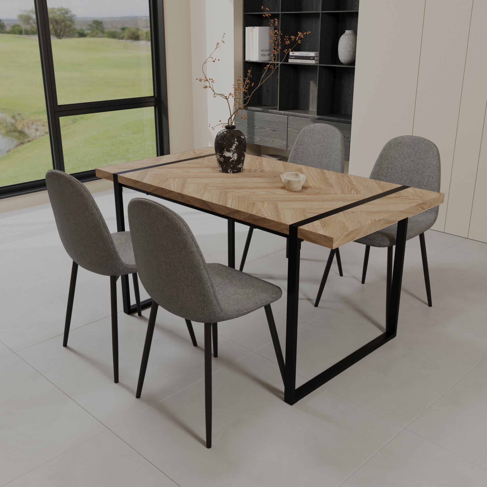 59" Modern Dining Table & 4 Suede Chairs Set
