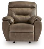 Dark gray rocker recliner, centered front view with padded arms and base supports