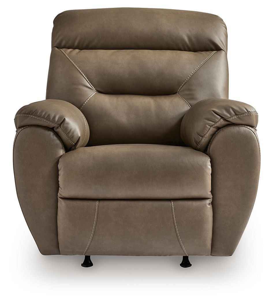 Dark gray rocker recliner, centered front view with padded arms and base supports