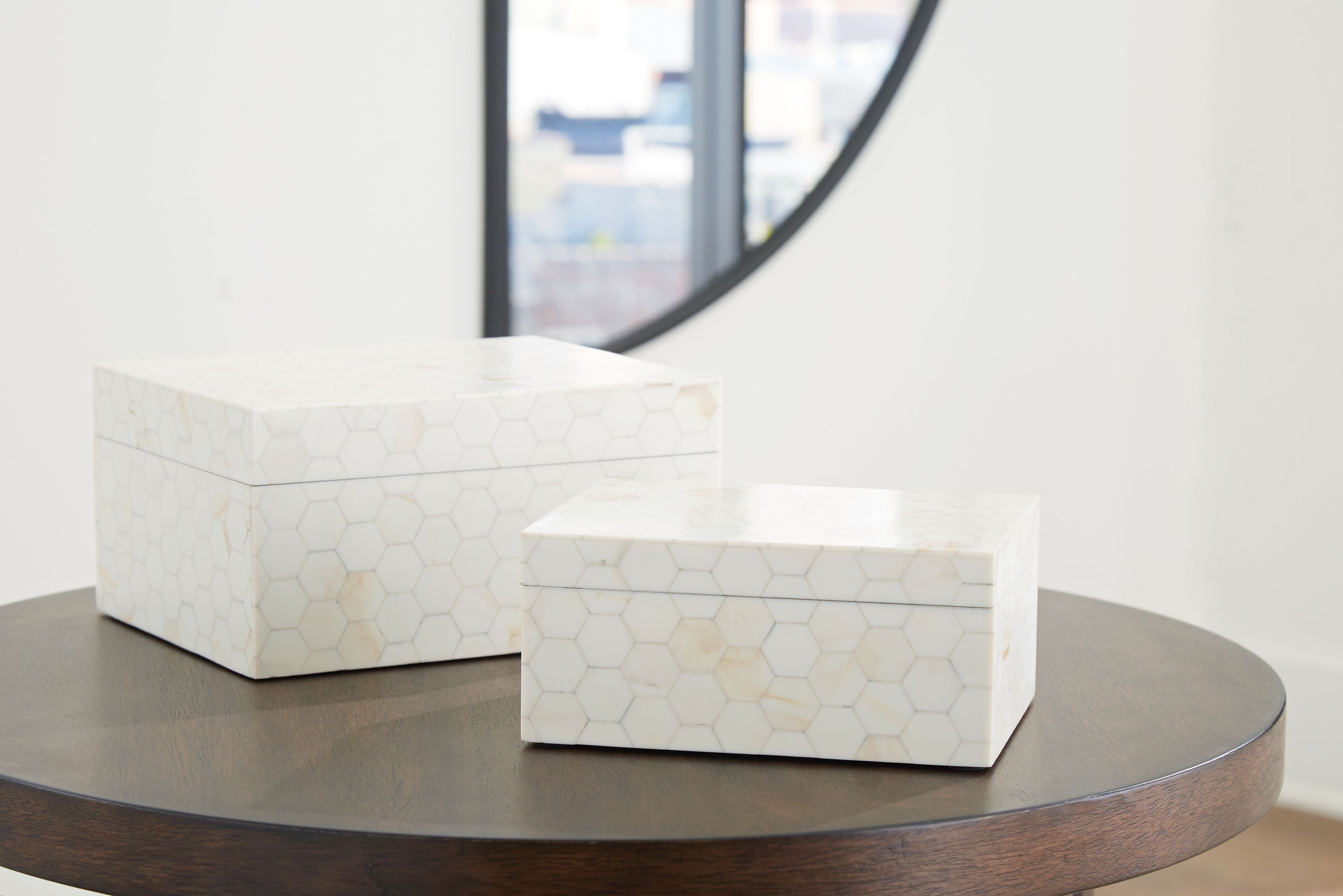 Aldenburg cream patterned box set of 2, with hinged lids on tabletop
