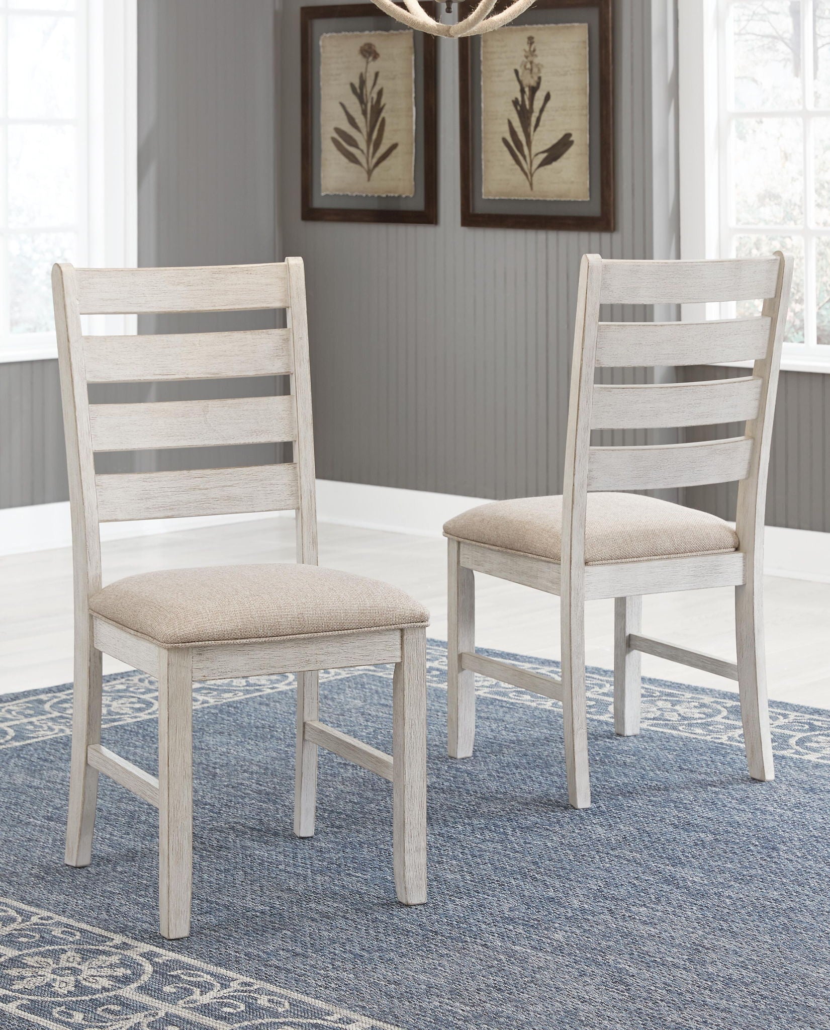 Skempton dining side chair pair with beige upholstered seat and light whitewashed frames