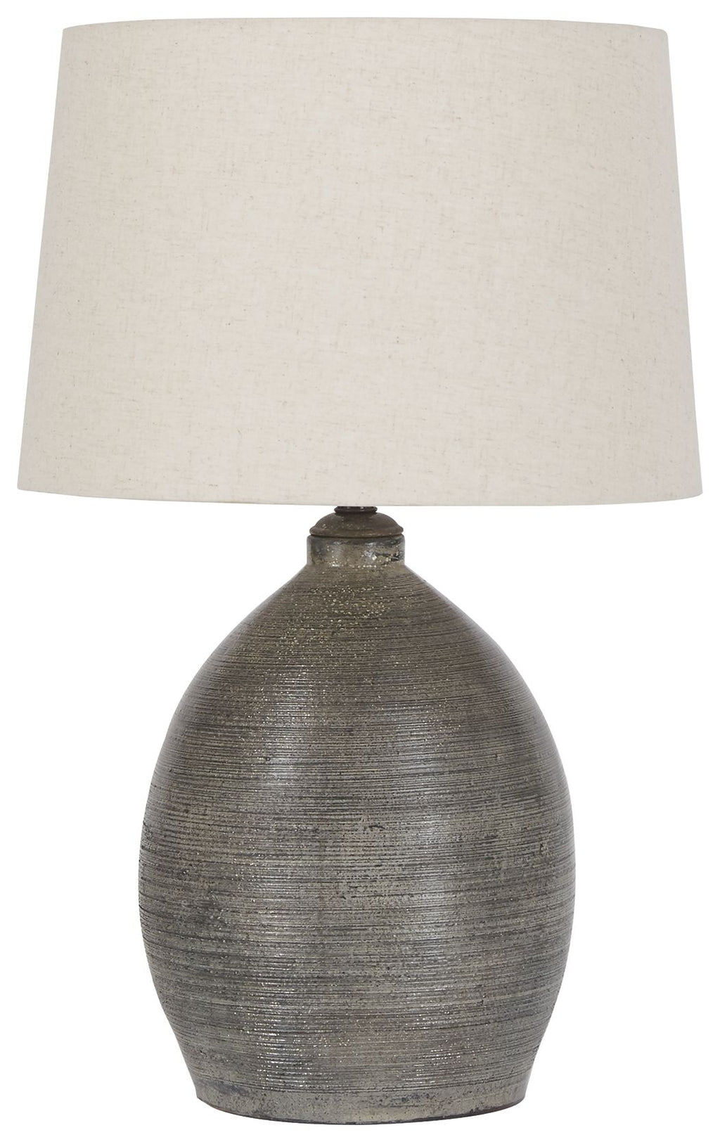 Gray ceramic table lamp base with beige fabric drum shade