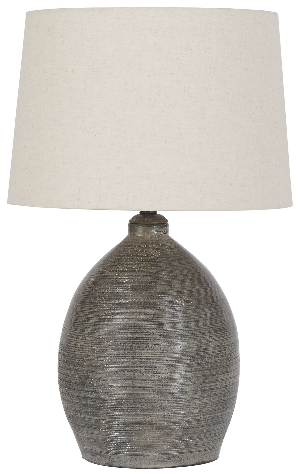 Gray ceramic table lamp base with beige fabric drum shade