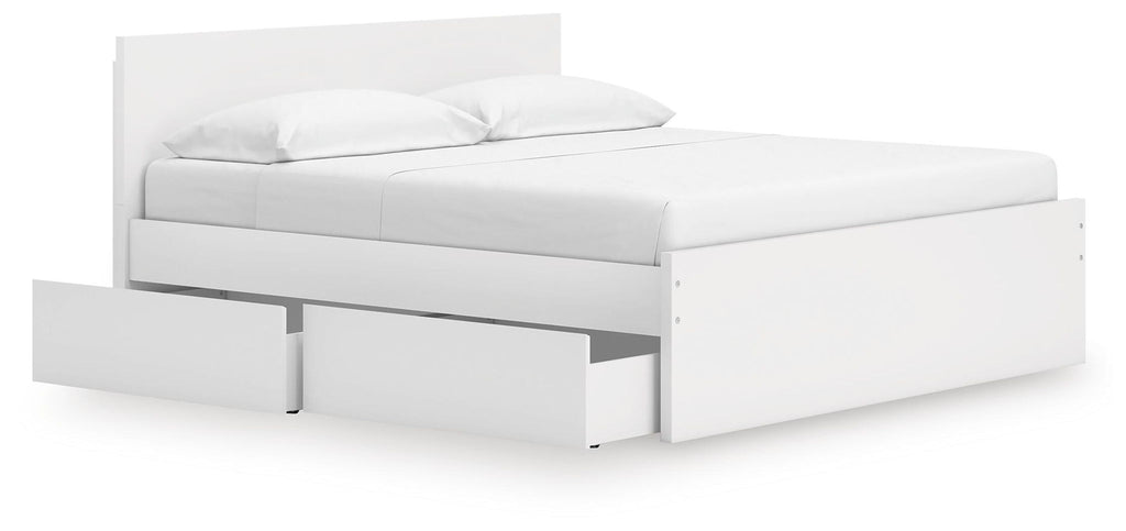 White panel platform bed with two front storage drawers and slat base