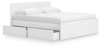 White panel platform bed with two front storage drawers and slat base
