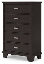 Five-drawer chest with five front drawers, dark brown finish, and silver bar pulls