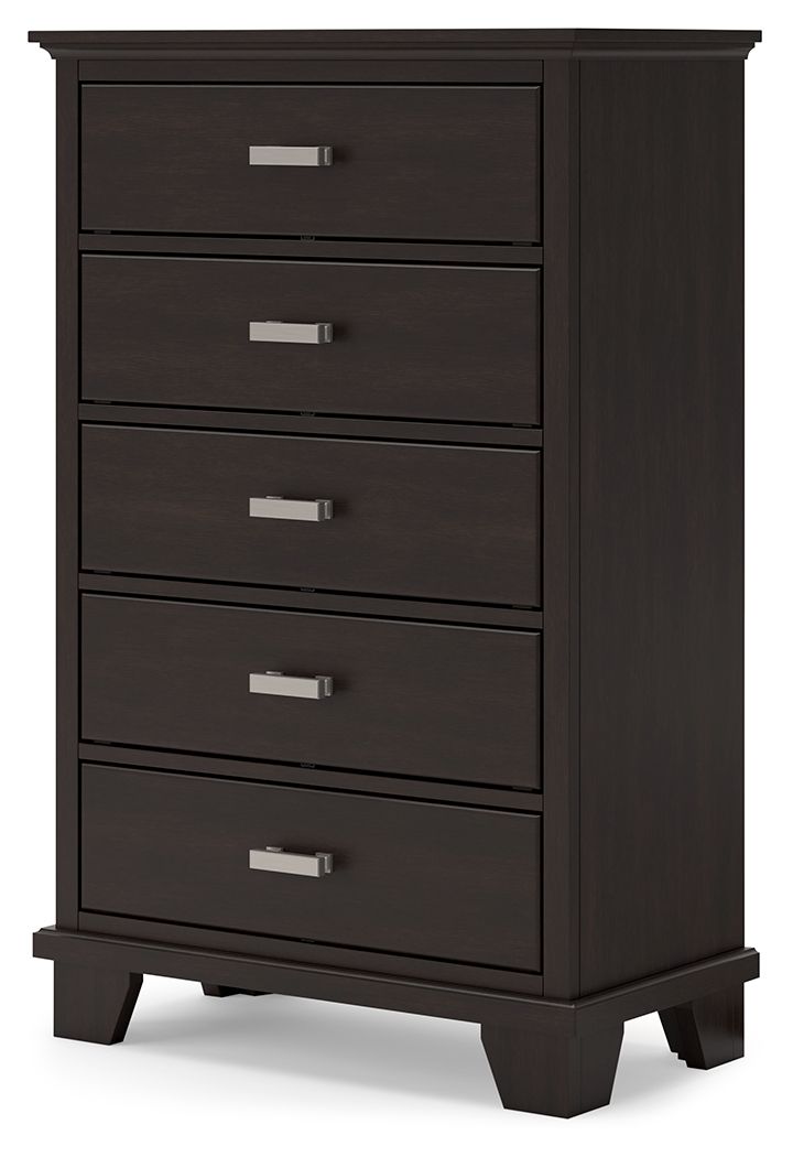 Five-drawer chest with five front drawers, dark brown finish, and silver bar pulls