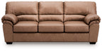 Light brown 3-seat sofa with tufted back, padded arms, and segmented seat cushions
