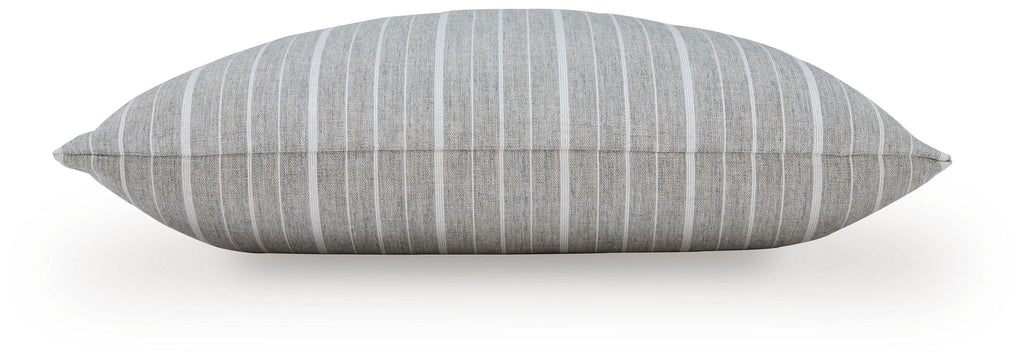 Gray striped throw pillow with vertical stripe pattern and piped edge