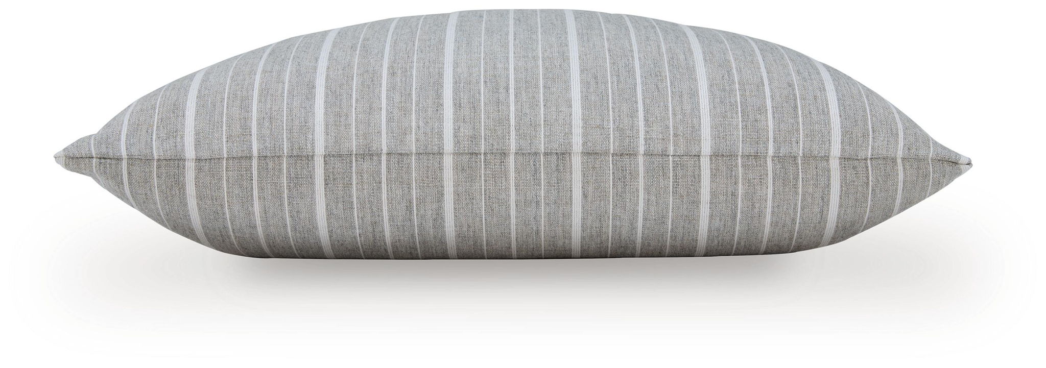 Gray striped throw pillow with vertical stripe pattern and piped edge