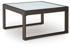 Square cocktail table with light gray marble-style top and dark black frame