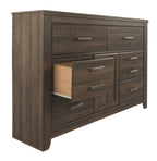Dark brown wood dresser with open cabinet, drawers, and metal bar pulls