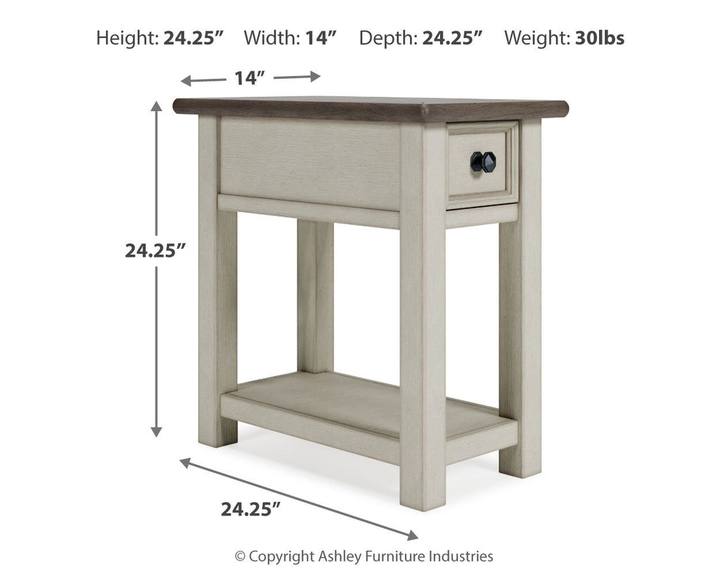 Chair side end table in light white finish with open lower shelf and 1 drawer