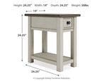 Chair side end table in light white finish with open lower shelf and 1 drawer