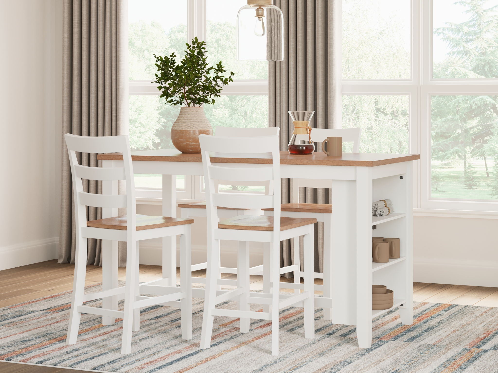 Rectangular dining counter set with white stools and light wood table top