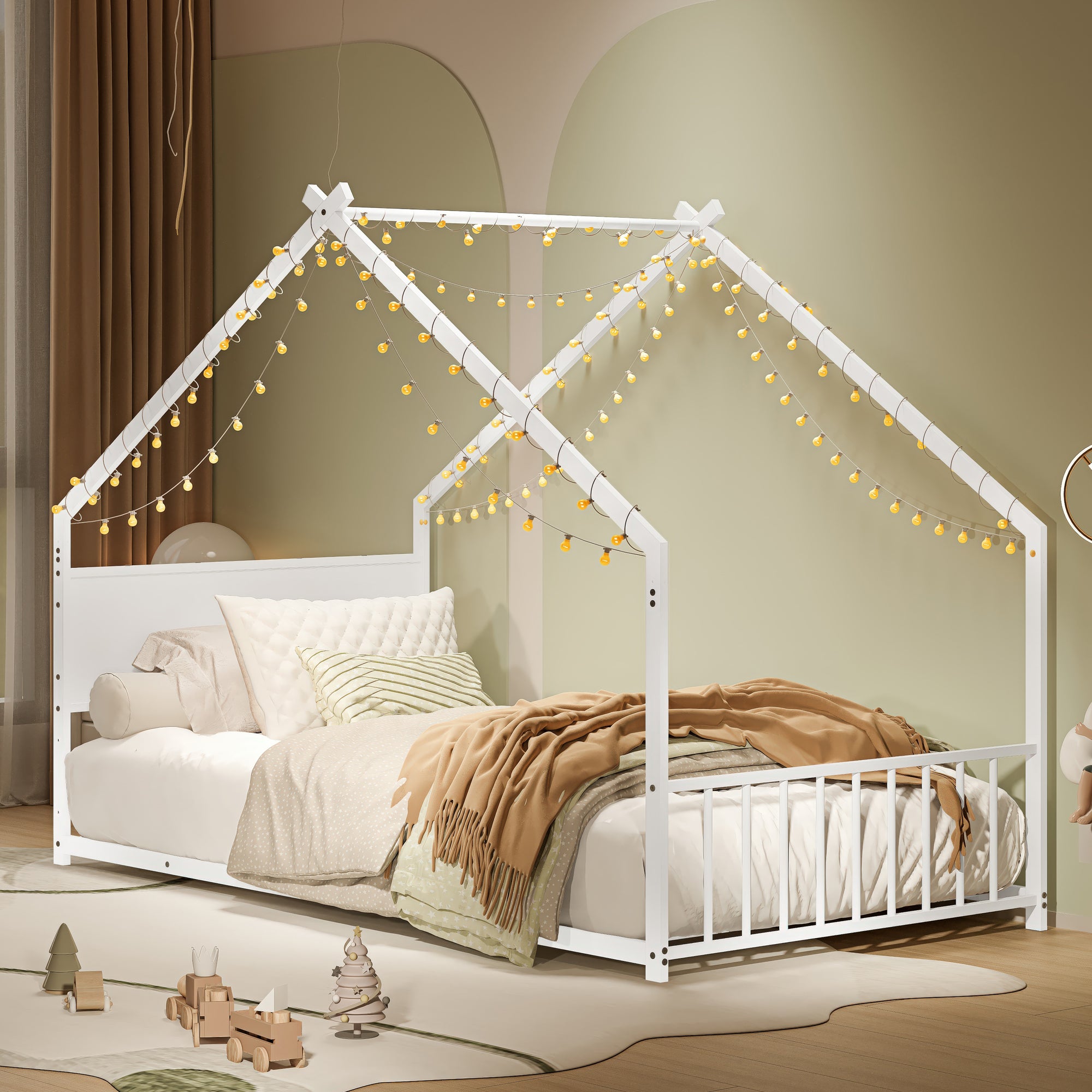Twin White Metal House Bed with Roof, LED Lights, No Box Spring Needed