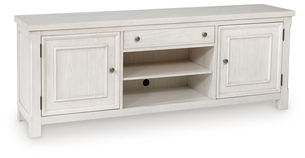 Antique white TV stand with two cabinet doors and open center shelf