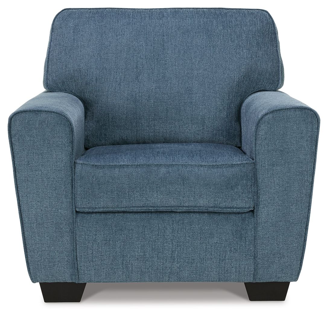 Blue fabric armchair with square arms and padded backrest